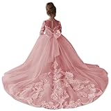 CAZSXIS Long Sleeve Flower Girls Dresses Lace for Wedding Dusty Rose Tulle with Bow-Knot Tutu Pageant Dress Princess Size2