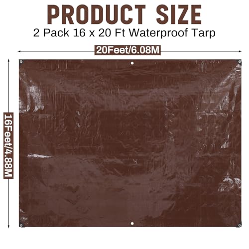 Image of 2 Pack 16 x 20 ft Brown Tarps Heavy Duty 5.5 Mil Waterproof Durable, Water Resistant, Rip & Tear Proof, Reinforced Edges, Multipurpose Firewood, Farm, Camping, Roof, Boat & Emergency Shelter