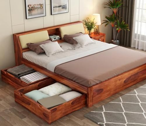 AMBICA WOODMART Sheesham Wood King Size Bed with 4 Drawer Storage, Honey Finish, Solid Wooden Cot Bed, Double Bed Furniture, Elegant & Functional Bedr