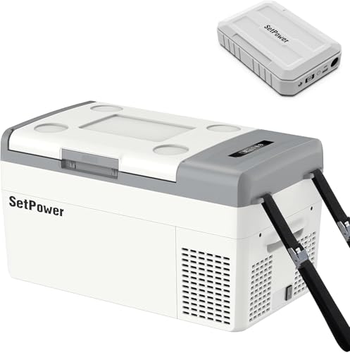 Setpower Refrigerador de 12 V con batería PG216 de 21 cuartos de galón, refrigerador compacto para coche con cuerdas fijas, enfriador eléctrico portátil de 12 V, refrigerador para camión, RV, SUV