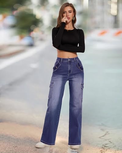 FITTOO Cargo Jeans for Women High Waisted Wide Leg Denim Pants with 6 Pockets Y2K Casual Pants Trousers3