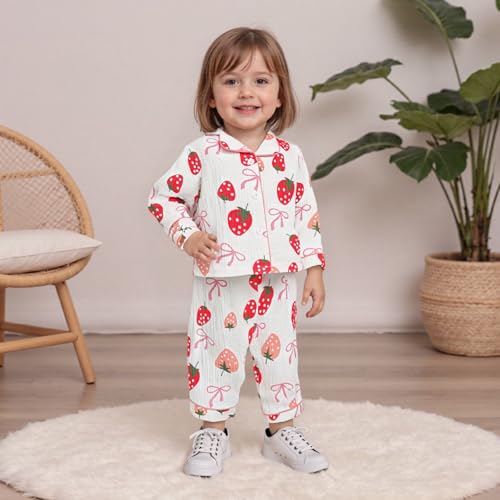 Kuriozud Toddler Baby Girl Pajamas Button Down Strawberry/Bow Top And Pants Cotton Linen Sleepwear Little Kids Girls Pajamas3