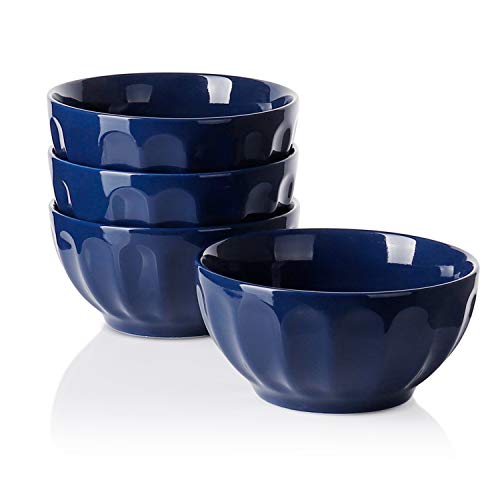 Sweese 106.103 Porcelain Fluted Bowls - 26 Ounce for Cereal, Soup and Fruit - Set of 4, Navy