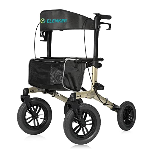 Image of ELENKER All-Terrain Rollator Walker with Non-Pneumatic Tire 12 inch Front Wheels, Compact Folding Design for Seniors (Champagne)