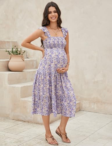 Image of KOJOOIN Womens Maternity Dress Summer Sleeveless Smocked Square Neck Ruffle Casual Boho Midi Dress Baby Shower Photoshoot