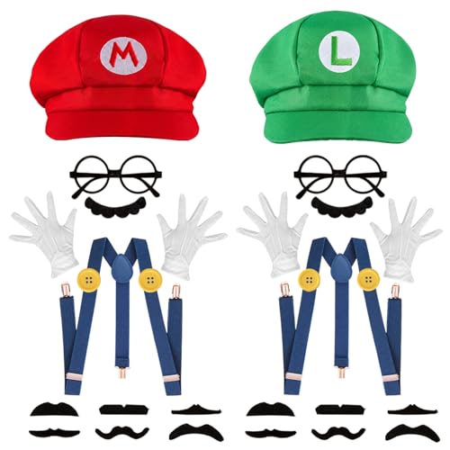 QRT Super Bros Costume Kit with Hat Mustaches Suspenders Gloves Buttons ang Glasses frame for Halloween Cosplay and Christmas (red&green)