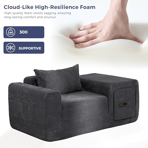Image of MAXYOYO Folding Sofa Couch, Convertible Floor Sofa with Armrest, Multifunctional Sofa with Pillow and Pockets, Boneless Couch for Living Room, Dark Grey