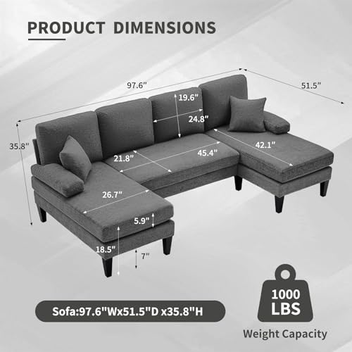 Image of 98 inch Sectional Couches for Living Room, U Shaped Couch with 18 inch Seat Height, 4 Seater Couch Set with Double Chaise for Apartment, Living Room Sofas, Chenille, Dark Grey