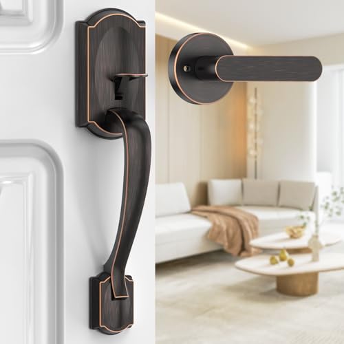 Image of Front Door Handle, Exterior Door Handle with Passage Lever, Vintage Front Entry Door Handle No Lock, Reversible for Left & Right Handed Doors, Lower Half Grip, Oil Rubbed Bronze