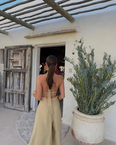 Wuitrie 2 Piece Sets for Women Going Out Tie Up Backless Halter Tops Wide Leg High Waisted Pants Business Casual Work Outfits4