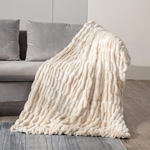 Faux Fur Throw Blanket Beige 50'' X 65'' - Soft Ruched Fuzzy Blankets For Couch, Luxurious Cozy Warm Plush Throws Thick Fluffy Blanket For Bed Sofa Home Decor Winter #TOP2