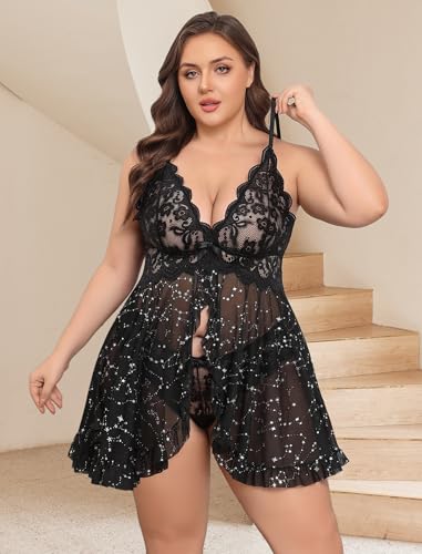 Image of Avidlove Plus Size Lingerie for Women Sexy Lingerie Dress Lace Babydoll Lingerie V-Neck Open Front Strap Nightdress