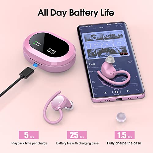 Auriculares-Inalambricos-Deportivos-Hi-Fi-Estereo-Auriculares-Bluetooth-52-con-Microfono-Carga-Rapida-USB-C-Pantalla-LED-IPX7-Impermeable-Cascos-Inalambricos-Bluetooth-con-Gancho-Rosa