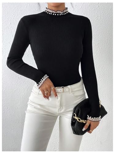 WDIRARA Women's Pearls Mock Neck Frill Trim Long Sleeve Pullover Knitted Fit Top3