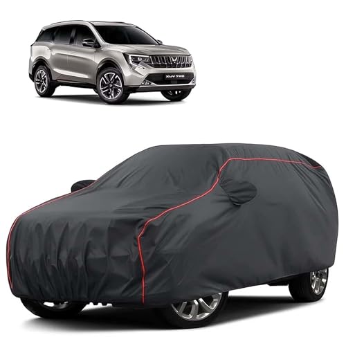 Image of Sulfar 100% Water Resistant Car Body Cover Compatible with Mirror for Mahindra XUV 7XO (Triple Stitched, Full Bottom Elastic, Dark Grey Tafetta with Red Piping)
