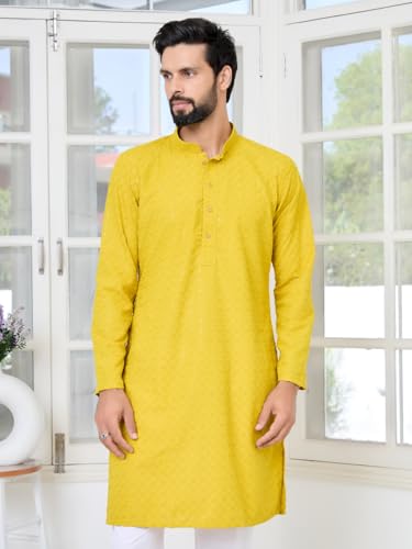 Image of See Designs Men's Full Sleeve Mandarin Collar Embroidered Thread Work Sequinned Rayon Straight Long Kurta - Festive Collection