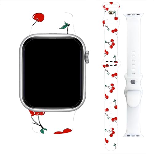 Baxilul Cherry Print Sport Band Compatible with Apple Watch 42mm 44mm 45mm 49mm, Cute Red Cherry Soft Silicone Replacement Strap for iWatch Series 9 8 7 6 5 4 3 2 1 SE Ultra, Women