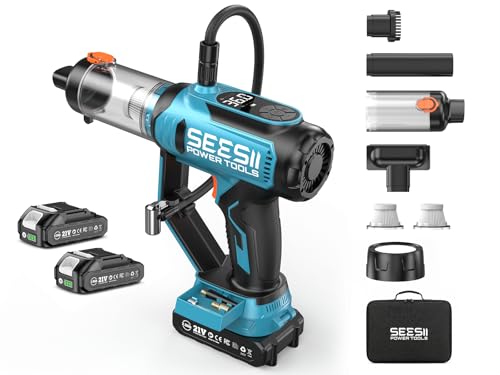 SEESII 3-in-1 Tire Inflator, Portable Air Compressor & Car Vacuum Cleaner & Searchlight, 21V Car Tire Air Pump with Digital Pressure Gauge, 150 PSI Max for RV SUV Tires, Motorcycles, E-Bikes