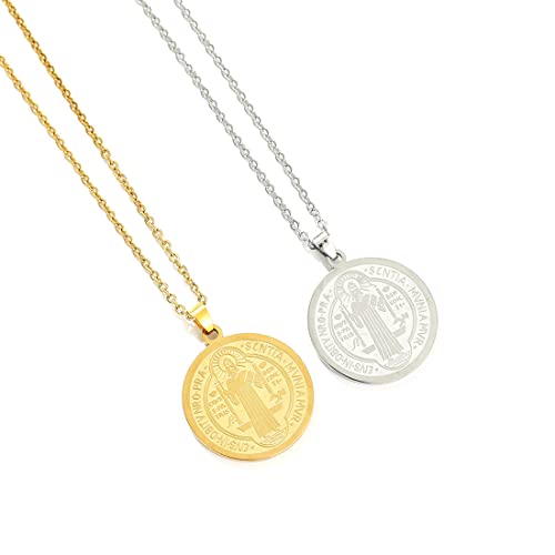2 pièces Collier avec pendentif en forme de médaille motif Saint Benoît chaîne réglable en acier inoxydable bijou chrétien couleur argent or Cover