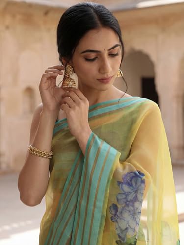 Image of AKHILAM Women's Yellow Organza Floral Printed Saree With Unstitched Blouse Piece (SAGE1004 AI2)