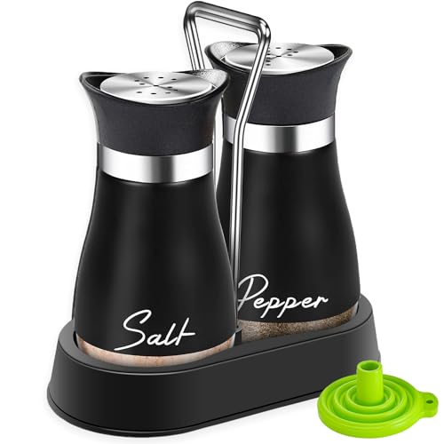 UDQYQ Salt and Pepper Shakers Set with Holder,Cruet Sets Stainless Steel Salt and Pepper with Glass Bottom,Refillable Salt Shaker Kitchen Gadgets for Counter Modern Decor Table (Black)