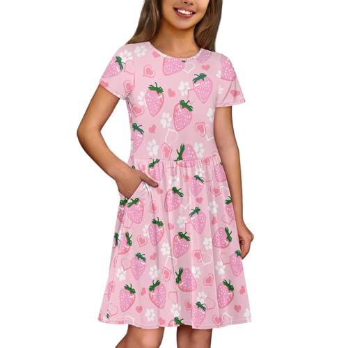 Image of Girls Dress with Pockets Basic Short Sleeve High Waist Swing Skater Dress School Party Dress for Kids