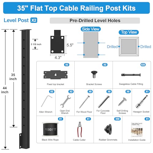 Image of 36 inch Side Mount Cable Railing Post Kits Include 2Pack Flat Top Level Drilled Cable Posts, 150FT Wire Rope, Black Fascia Mount Cable Railing System, 1 /8 inch Stainless Steel Wire Railing Kits, RG71