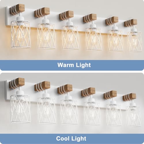 Image of IZORRO Farmhouse Bathroom Vanity Light, 6-Light Wood Bathroom Light Fixtures Over Mirror, Matte White Industrial Vanity Lights with Metal Shade, Rustic Restroom Lighting Fixtures
