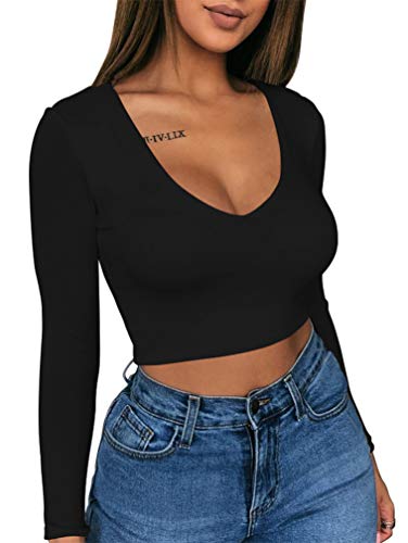 XXTAXN Women's Sexy Bodycon Basic V Neck Long Sleeve Slim Solid Color Crop Top Black