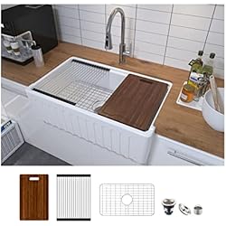 Fregadero Ceramica Blanco MEJE 83.8 x 50,8 cm Évier de food de ferme con tablier et rebord avant, tazón de cerámica simple con planche à découper, grille et passoire - Blanc
