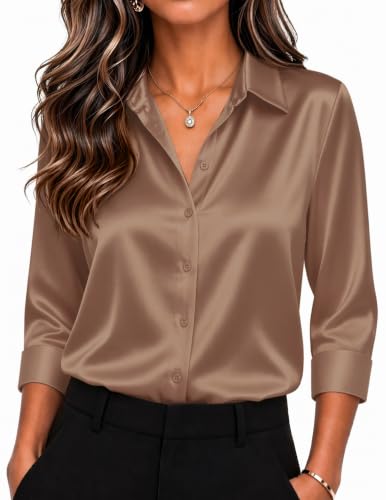 Image of Zeagoo Womens Satin Blouses Button Down Shirts 3 /4 Sleeve Dressy Tops S-2XL