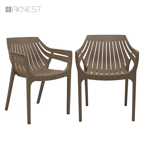 Image of OAKNEST Supreme Spectrum Plastic Arm Chair - Modern Slatted Stackable Chair for Living Room, Dining, Garden, Balcony, Restaurant & Cafe | Indoor Outdoor Designer Chair, Set of 2, Dark Beige
