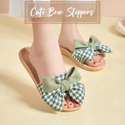 Women's Open Toe Slide Slippers with Cute Bow, Summer Linen Sandal Slippers, Slip-on House Shoes Indoor Outdoor Rubber Sole4
