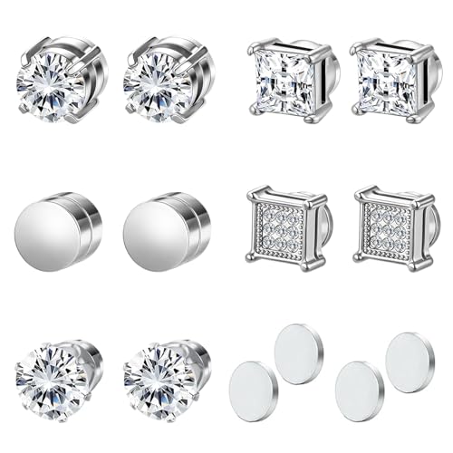 5 Pairs Stainless Steel Magnetic Stud Earrings for Men Women, Non Piercing Clip On CZ Stud Earrings Set Fashion Fake Earrings Jewelry Set for Sensitive Ear (6mm)