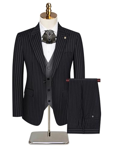 3 Pcs Men's Suit Pinstripe Business Tuxedo Sigle Breasted Slim Blazer Jacket Vest Pants Set for Wedding Party Prom4