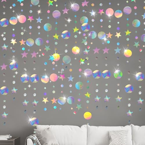Holographic Rainbow Hanging Paper Garland,Glitter Circle Star Paper ...