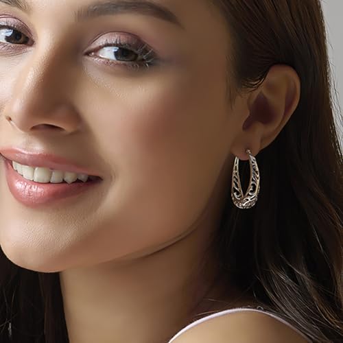 Image of TRUESILVER ACPL 925 Sterling Silver BIS Hallmarked Filigree Hoop Earrings for Women & Girls | Lightweight Designer Oval /Round Hoops | Everyday Wear | Gift for Her