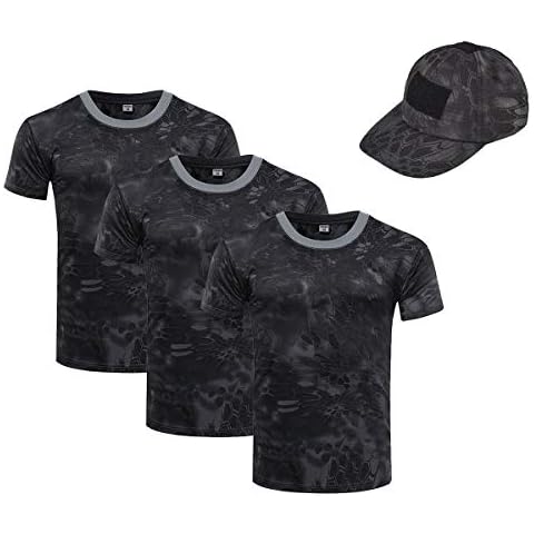 OttoBen Mens Womens Camo T Shirts & Baseball Cap 4 Pieces Set, Breathable Quick Dry Short Sleeves Crew Neck Stretch Top, Outdoor Casual Sports Running Trekking Fishing Hunting Tee Black Python M Cover