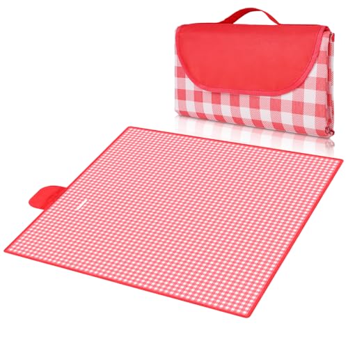 Eucomir Manta de Pícnic,Manta para Picnic Impermeable 200x200CM,Tapete de Picnic Plegable con Asa, Apta para Hacer Senderismo, Viajar, IR de Acampada, Al Aire Libre y Fiesta,Rojo y Blanco