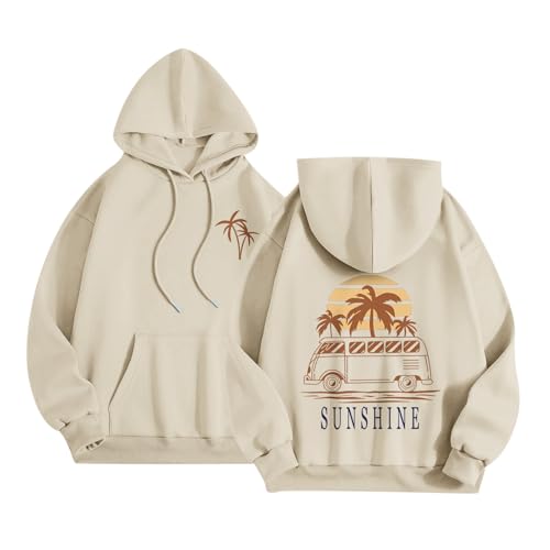Pairxily Beach Graphic Hoodies for Women Sunset Palm Tree Hoodie With Pockets Drawstring Fleece Sweatshirt Vacation Pullover(Apricot,M)