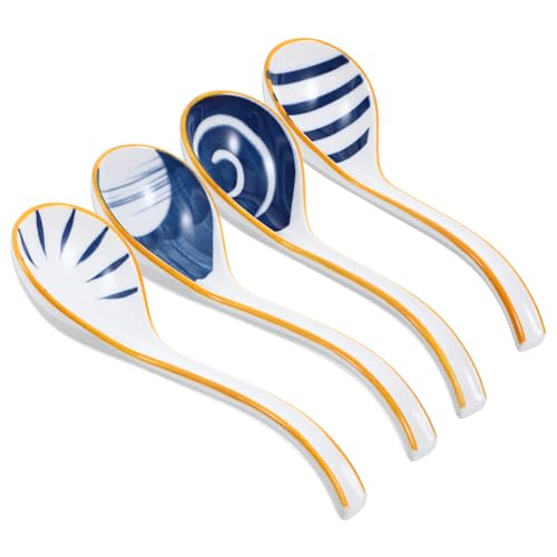 NUOLUX 4個 アジアンスル製スープスプーン 風ロングハンドル 食洗機対応 美しい花柄 ラーメン ワンタン スープ用 食卓を彩る多用途食器