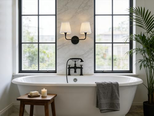Image of Yosoan 2-Light White Pleated Fabric Shade Wall Sconce, White Pleated Cup Funnel Shade, Vanity Vintage Industrial Hardwired Indoor Boho Wall Mounted for Kitchen Living Room Staircase (Black)