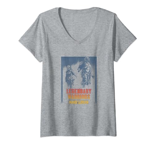 T-shirt Star Wars The Mandalorian Legendary Warriors col V imprimé vintage gris