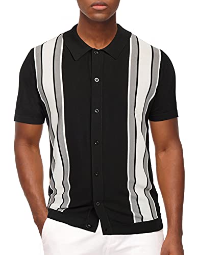 PJ PAUL JONES Mens Striped Retro Knitting Short Sleeve Polo Shirts for Summer L Black