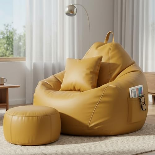 Image of KAM'S LIEU 5XL Bean Bag Combo with Footrest & Cushion | Filled with High Density EPS Beans | Comfortable Sofa for Living Room & Bedroom | 6 Months Warranty, Color- (Yellow, 5XL, Classic)