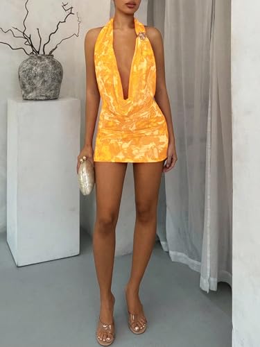 Image of OYOANGLE Women's Sexy Deep V Halter Dress Floral Bodycon Club Mini Dresses
