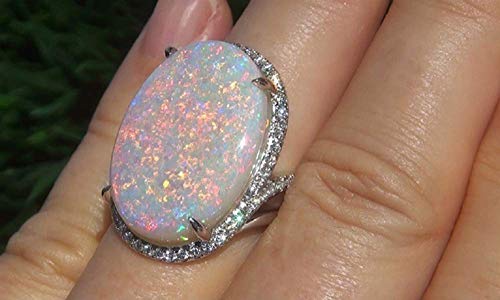 Women's Large 925 Silver Fire Opal Gemstone Ring Oval Cut Micro Mosaic Cubic Zirconia Ring Wedding Engagement Ladies Jewelry Size 6-104
