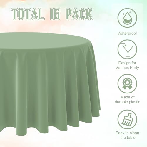 Image of Ragnhild 16 Pack Sage Green Plastic Tablecloths for Round Tables, Premium Decorative Sage Disposable Table Covers for Parties, Round Party Table Cover for Birthday Wedding Baby Shower Party, 84 Inch