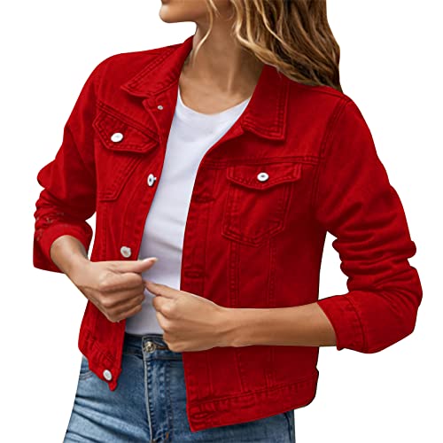 Damen Jeansjacke Kurze: Jeansjacken für Damen übergangsjacke Denim Jean Mantel Outwear Lange Ärmel Jeansjacke Sommerjacke mit Knöpfen Frühling Herbst, Rot