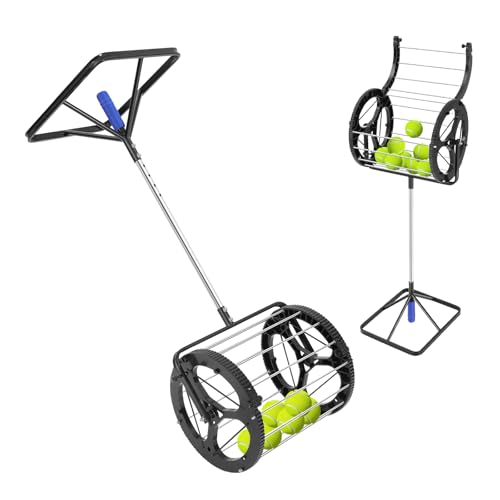 Fenjidrop Tennis Ball Hopper, Tennis Ball Collector with Large 80-Ball Capacity, Adjustable Height Tennis Ball Picker Upper for Coaches & Players, Durable Steel Tennis Ball Basket for Court Training
